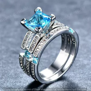 2.65 CT Princess Cut Blue Topaz Bridal Engagement Ring Set 14K White Gold Finish - Picture 1 of 11