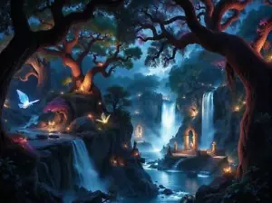 A Mystical Forest Glowing Waterfalls and Ancient Ruins Print 18 x 24 - Picture 1 of 1