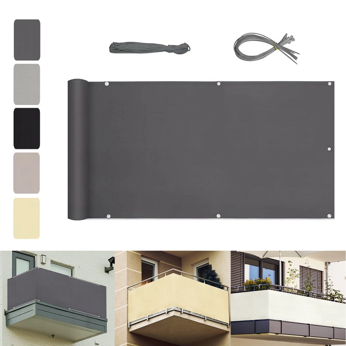 Balkon Sichtschutz 90x950 Cm – Hellgrau, Mit Ösen & Kordel Zum Befestigen