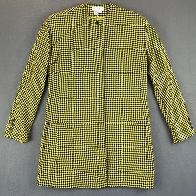 Jaqueta Blazer Vintage Pérola C Houndstooth Tamanho 8 Amarela Preta Forrada Bolsos Retrô Anos 80 - Imagem 1 de 4