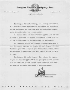 Douglas Aircraft Co. WWII Letter Re-employment End of War Plane Production PA195 - Picture 1 of 4