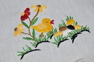 EASTER DUCK WATCHFUL EYE OVER EASTER EGGS! VTG GERMAN HAND EMB TABLECLOTH - Picture 1 of 12