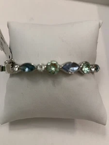 $58 GIVENCHY Blue Green Clear Crystal Silver-Tone Hinged Bangle Bracelet 33GB - Picture 1 of 12
