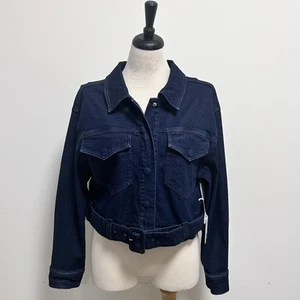 Chaqueta de mezclilla recortada Good American Dark Wash años 70 Icon cinturón 4 XL nueva - Imagen 1 de 13