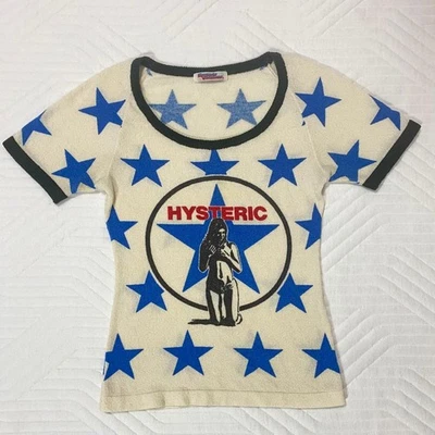 Rare 90s Hysteric Glamour HYS Girl Star Print Cream Blue T-Shirt Vintage M Japan - Image 1 of 4