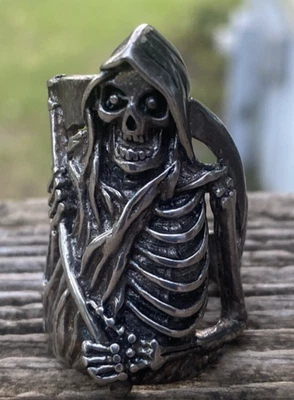 1986 G&S Grim Reaper Hooded Skeleton Holding Scythe Silver Biker Ring 10 3/4 - Image 1 of 4