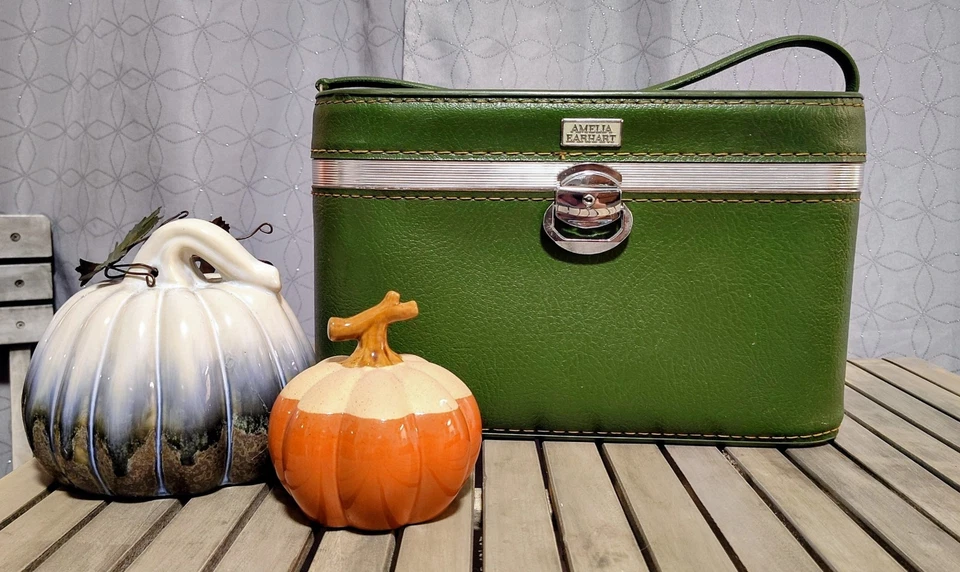 复古 Amelia Earhart 火车箱绿色旅行梳妆行李箱 MCM 20 世纪 60 年代 — 第 1/4 张图片