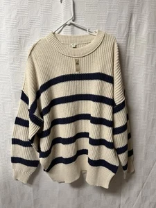 NWT Aerie Chunky Knit Pullover Sweater Women L Navy And Cream Oversized Nautical - Picture 1 of 13