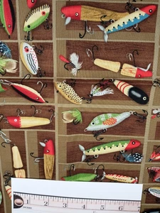 HI-fashion Fabrics Brown Background Fishing Lures 2 Yards + 30" x 45" Patt#5869 - Picture 1 of 4