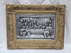 Vintage Letztes Abendmahl 3D Metall Relief Wandskulptur - 21"×16" - verzierter Rahmen - Bild 1 von 14