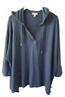 Style & Co Top Womens L Blue Pullover V-Neck Hoodie 3/4 Sleeve Stretch Hi Low