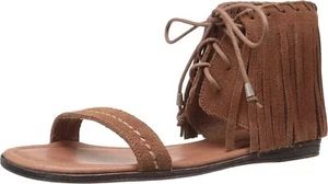 Minnetonka Havana Brown Suede Fringe Sandal Flats Womens 9 Lace Up - Picture 1 of 6