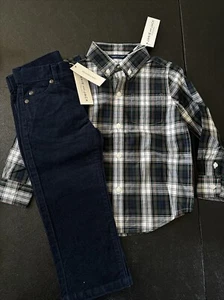 NWT Janie and Jack boy WINTER HOLIDAY 2-piece plaid button-down navy corduroy 2T - Picture 1 of 8