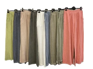 Womens Summer Lightweight Italian Textured Linen Mix Two Pocket Wide Leg Trouser - Picture 1 of 14