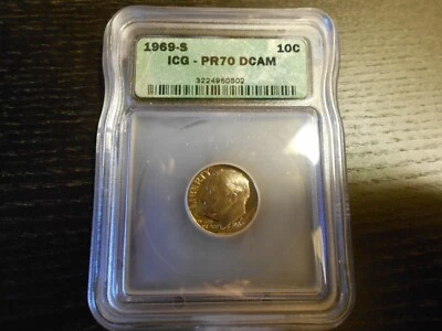 ☆ 1969-S PR70 DCAM Roosevelt Dime PROOF 10c - by ICG (PCGS Guide ~$10,000) ☆ - Image 1 of 2