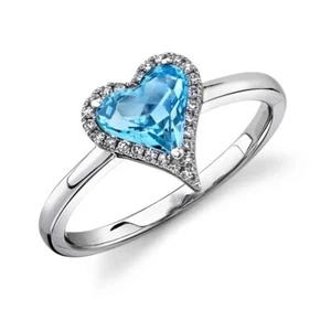 14K White Gold Diamond Blue Topaz Heart Ring Natural 1..23 CTW - Picture 1 of 2