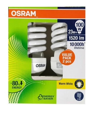 2 x 23W Compact Fluorescent Globes Bulbs 2700K Warm White CFL Screw E27 OSRAM2 - Image 1 of 3