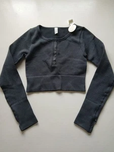 Aerie Offline Top Main Squeeze Gray Waffle Crop Henley Long Sleeve Size M - Picture 1 of 5