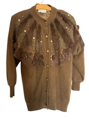 Cárdigan de Colección Angora Pelo de Conejo Suéter Apliques de Piel Con Cuentas Adornado Años 80 Pequeño Foto 1 de 4