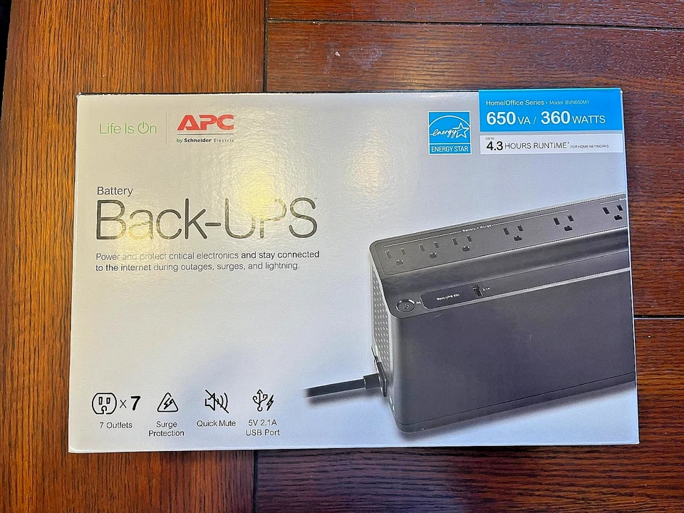 APC Back-UPS 650VA Battery Backup System 7 Outlets 650 VA 360 W BVN650M1 - Image 1 of 3