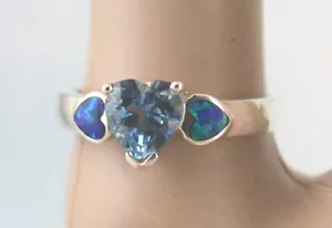 Lab-Created Blue Fire Opal & Lab-Created Blue Topaz 3 Heart Ring Sterling #9 - Picture 1 of 3
