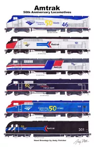 Poster Amtrak 50th Anniversary Heritage Locomotives 11""x17"" firmato Andy Fletcher - Foto 1 di 1