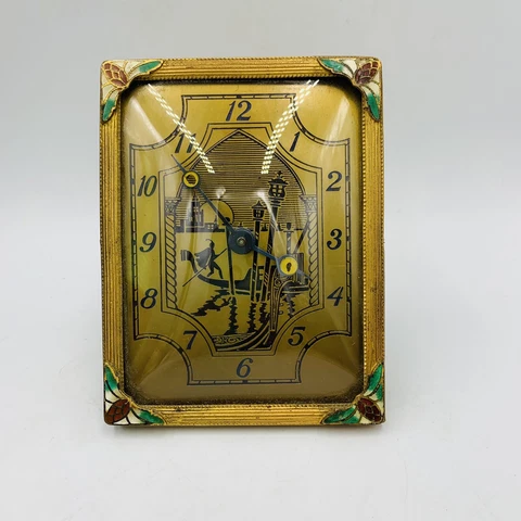 Antique Silvercraft Enamel Brass Desktop Clock Farber Bros Convex Glass READ Cover