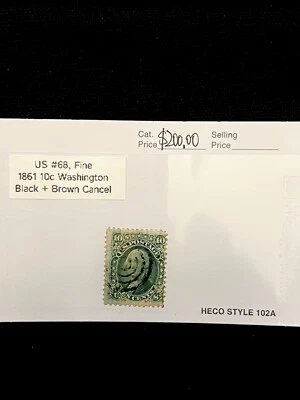 US Stamp #68, 1861, Washington 10c, Brown+Black Cancel, Fine - RARE! CV=$200 - Image 1 of 4