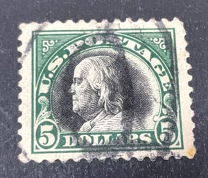 Francobollo Stati Uniti 1918 #524 verde scuro e nero $5 usato incernierato grande O annullo - Foto 1 di 2