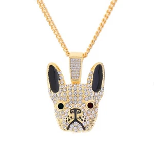 Bulldog Francés Helado Chapado en Oro Plata Colgante 20" Collar Cadena Cubana CP 1741 - Imagen 1 de 13