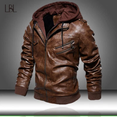 Men's PU Leather Jacket Motorcycle Hood Winter Coat Warm Casual Bomber Jackets  - Image 1 of 4