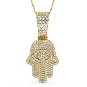 Real VVS1 Moissanite Iced Out Hamsa Hand of Fatima Evil eye Jewish Pendant Charm - Picture 1 of 20