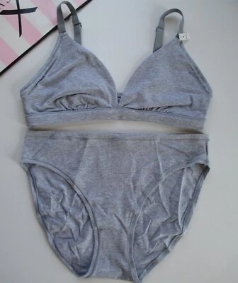 VICTORIA'S SECRET PINK Cotton Bralette Bra and Bikini Panty Set Size L Gray VS - Image 1 of 4