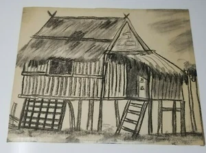 Charcoal Drawing of Stilt House Hut Thatched Roof Drawing Vintage 1958 Original - Picture 1 of 9