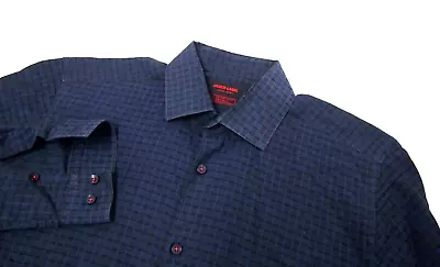 Jared Lang After Hours Mens Shirt M Slim Navy Blue Checkered Long Sleeve Button - Image 1 of 4