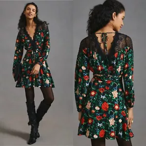 NWT Anthropologie Lacy V-Neck Mini Dress 8 Black Floral Long Sleeve $160 - Picture 1 of 12