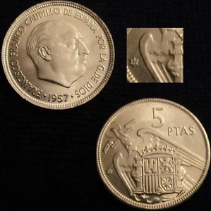 ESPAÑA, FRANCO-6, 5 PESETAS 1957*67, BRILLO ORIGINAL, SIN CIRCULAR. - Imagen 1 de 1