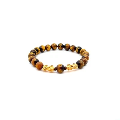 18K Gold Dragon Pixiu Double Piyao Charm Bracelet Gemstone Tiger's Eye Carve 8mm - Image 1 of 4