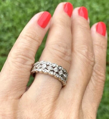 14K White Gold Diamond Openwork Pierced Scalloped Filigree Band Ring Size 6.5-7 - Image 1 of 4