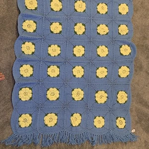 Floral Granny Square Yellow Flower Crochet Knit Afghans Throw Blanket (T) - Picture 1 of 8
