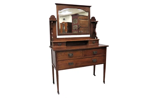 Antique English Oak 3 Drawer Dresser With Tilting Beveled Mirror Cover