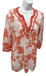J.Crew Tunic Tropical Floral Print 3/4 Sleeves Cotton Size Medium White Orange - Picture 1 of 15