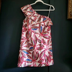 J. Crew Pink Linen Cotton Bold Floral One Shoulder Ruffle Summer Mini Dress XS - Picture 1 of 14