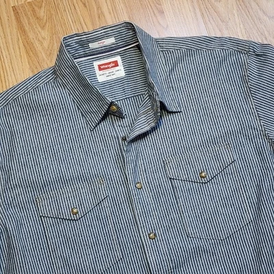 Wrangler Shirt Mens Pearl Snap Railroad Stripes Western Denim Workwear Rodeo  - Image 1 of 4