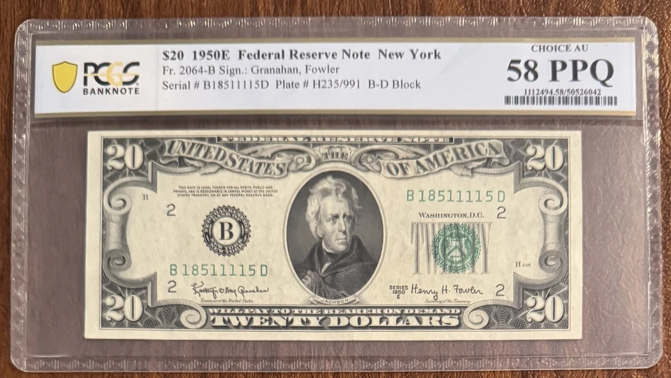 $20 1950E FEDERAL RESERVE NOTE NEW YORK PCGS 58PPQ FR# 2064-B NEAT SERIAL # - Image 1 of 2