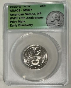 2020-W V75 25c American Samoa ANACS MS67 WWII 75th Privy Mark Early Discovery - Picture 1 of 4