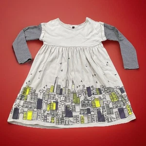 TEA Jersey Knit Dress~Girls Sz 7~ Lite Gray, Black,Yellow~Long Sleeves~Cityscape - Picture 1 of 6