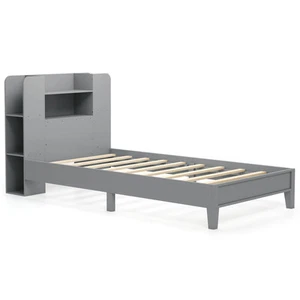 Twin Size Bed Frame Wooden Platform Bed Kids Bed Frame w/ Bookcase Headboard - Picture 1 of 8