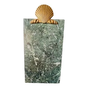 Vintage Green Marble Stone Cheese Charcuterie Board Brass Shell Handle Regency - Picture 1 of 11