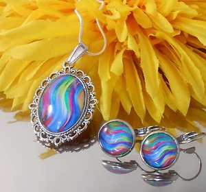 Schönes SET Kette + Ohrhänger Cabochon Glas oval Modern Art Bunt - Bild 1 von 3